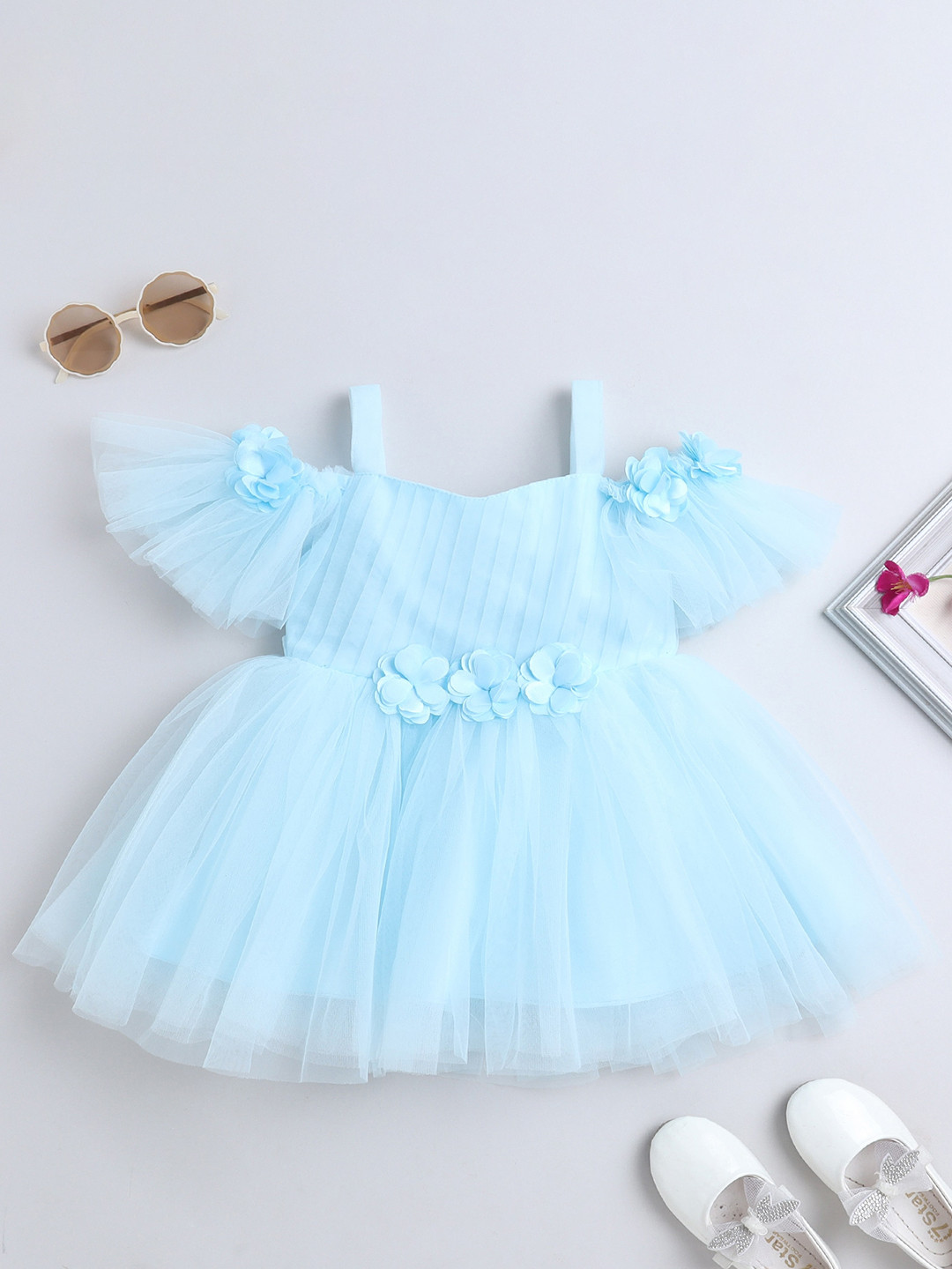 MANY FROCKS & Girls Self Design Shoulder Straps Embellished Net Fit & Flare Dress