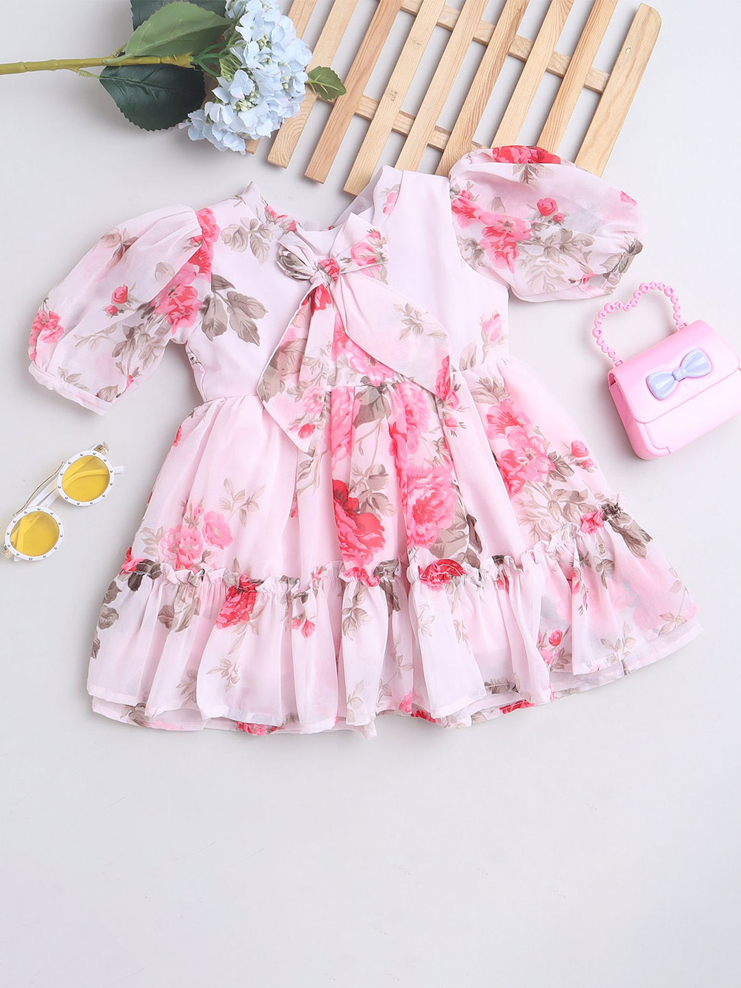 MANY FROCKS & Girls Floral Printed Puff Sleeves Bow Detailed Georgette Fit & Flare Dress