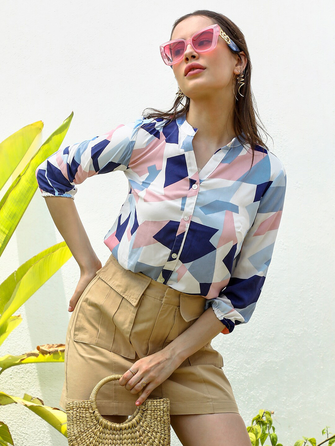PINACOLADA Mandarin Collar Geometric Regular Fit Casual Shirt