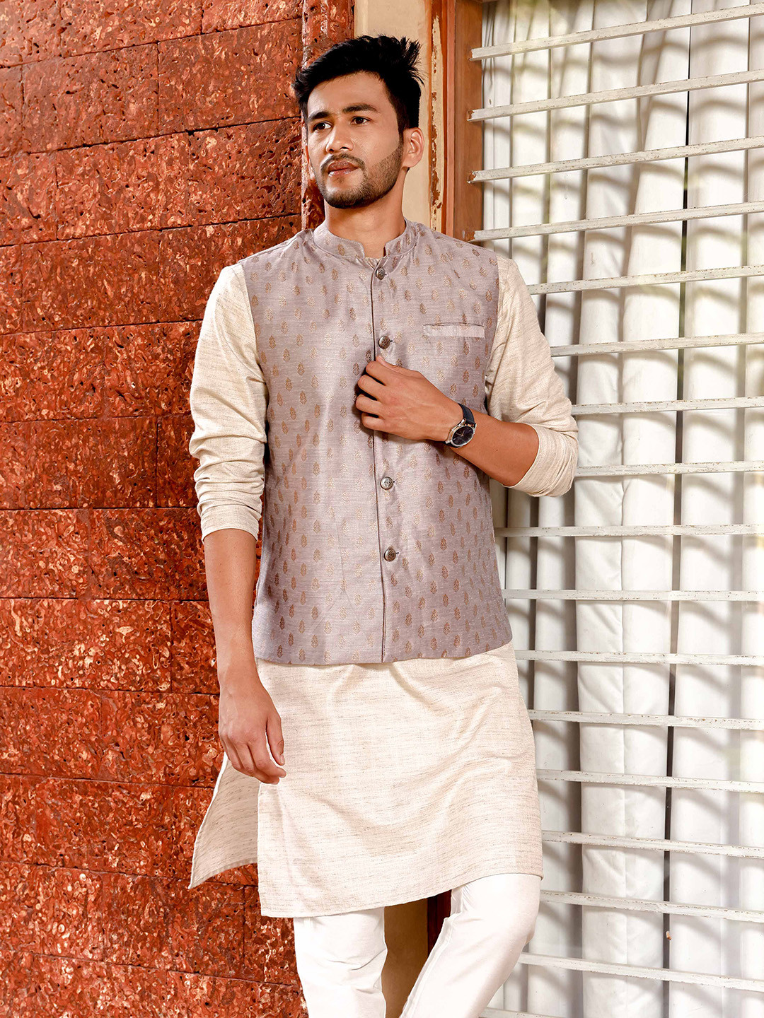 FILORI STUDIO Woven Designed Mandarin Collar Nehru Jacket