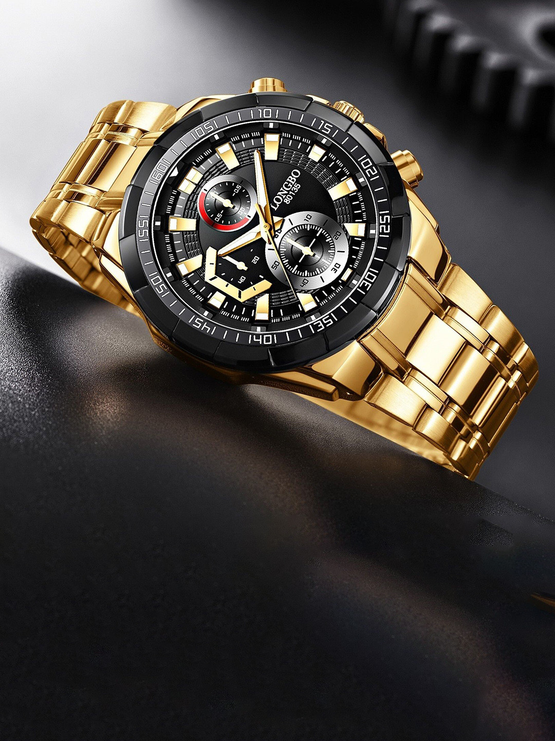 LONGBO Men Stainless Steel Bracelet Style Straps Analogue Watch Long-80135-Golden-Black