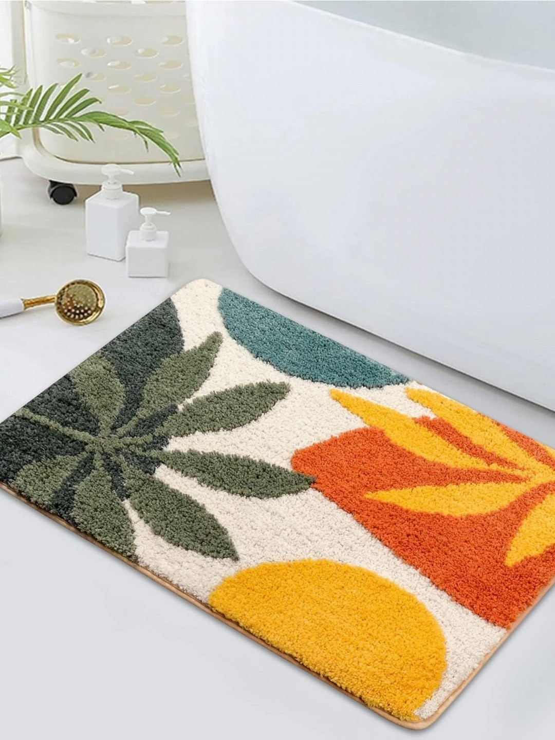 ROSEATE Green & White Floral Microfiber 2000 GSM Anti-Skid Bath Rug