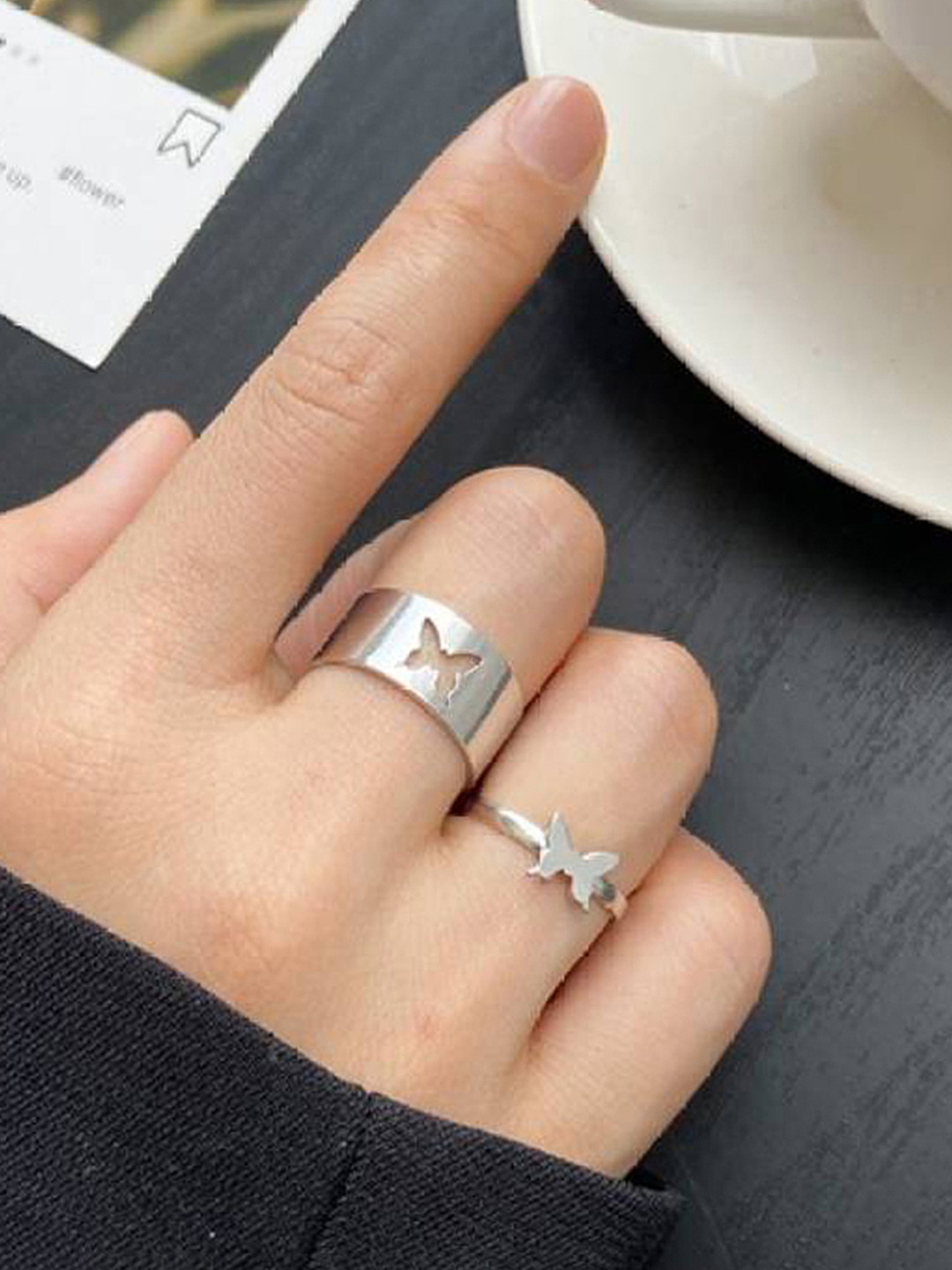 Jewels Galaxy Set Of 2 Silver-Plated Butterfly Stackable Finger Rings