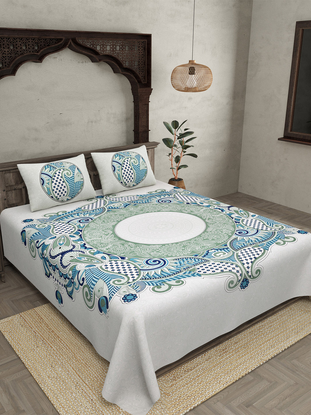 BED-SHEET.COM Cosmic Kolam Blue Ethnic Motifs Cotton 240 TC King Fine Bedsheet with 2 Pillow Covers-106 x 86 inches