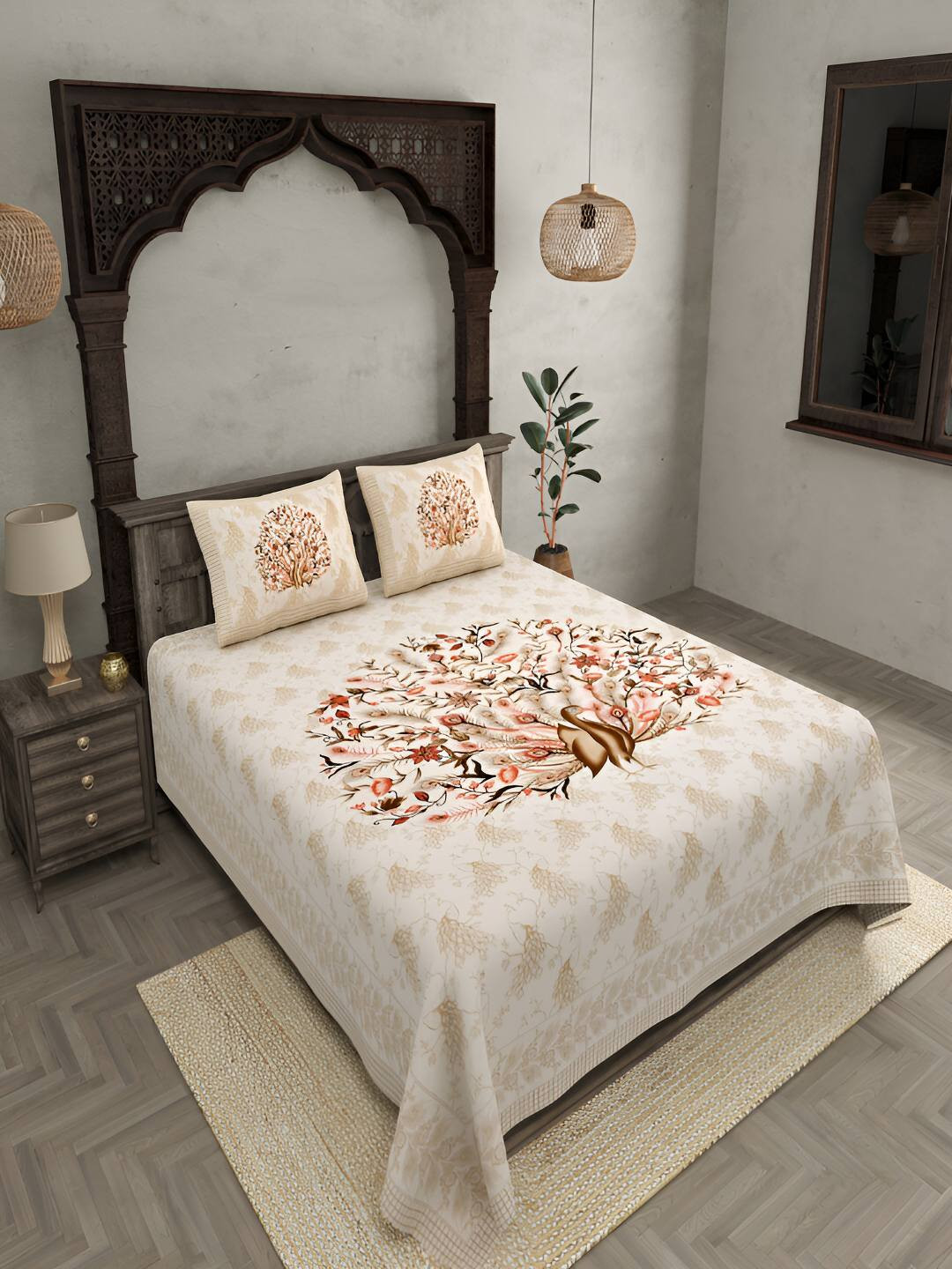BED-SHEET.COM Dancing Peacock Brown Ethnic Motifs Cotton 140 TC King Bedsheet with 2 Pillow Covers-269 x 218.44 cm