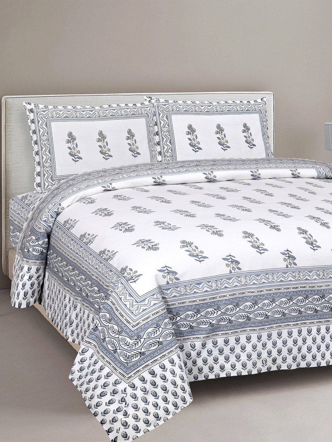 BED-SHEET.COM Grey Ethnic Motifs Cotton 240 TC King Fine Bedsheet with 2 Pillow Covers-106 x 86 inches
