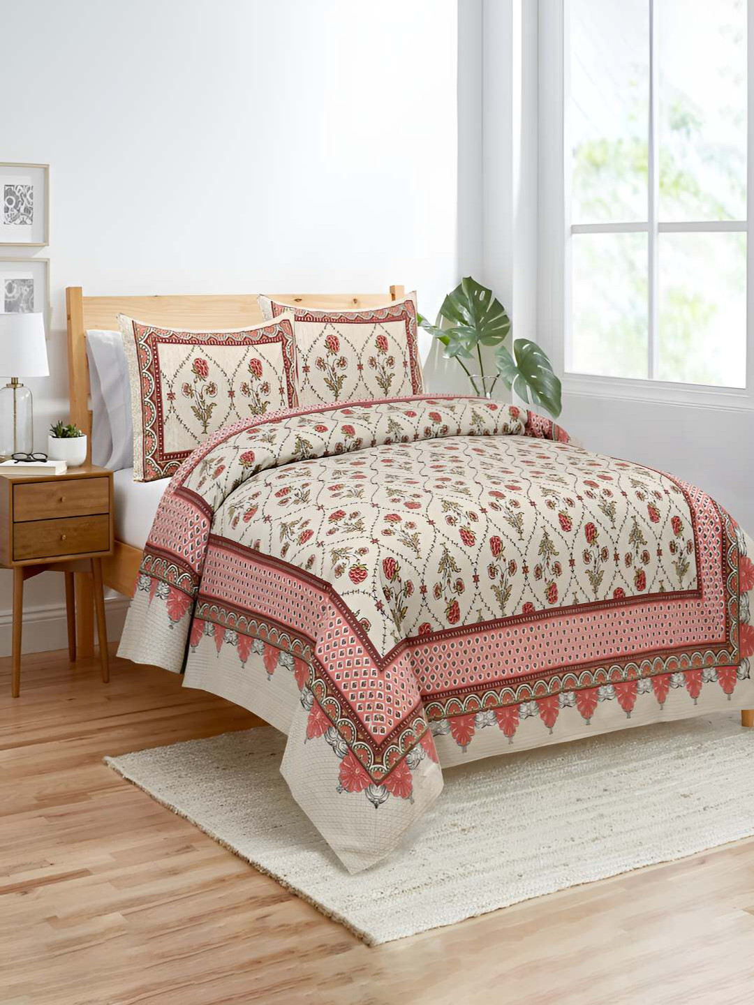 BED-SHEET.COM Jaal Pink Ethnic Motifs Cotton 140 TC King Bedsheet with 2 Pillow Covers-106 x 86 inches