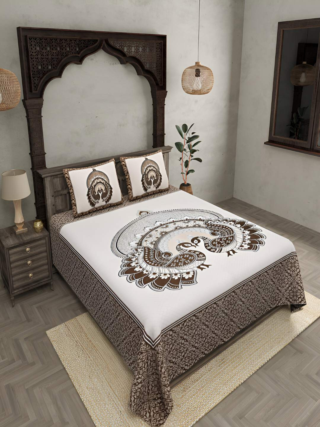 BED-SHEET.COM Off White Ethnic Motifs Pure Cotton 140 TC King Bedsheet with 2 Pillow Covers-106 x 86 inches