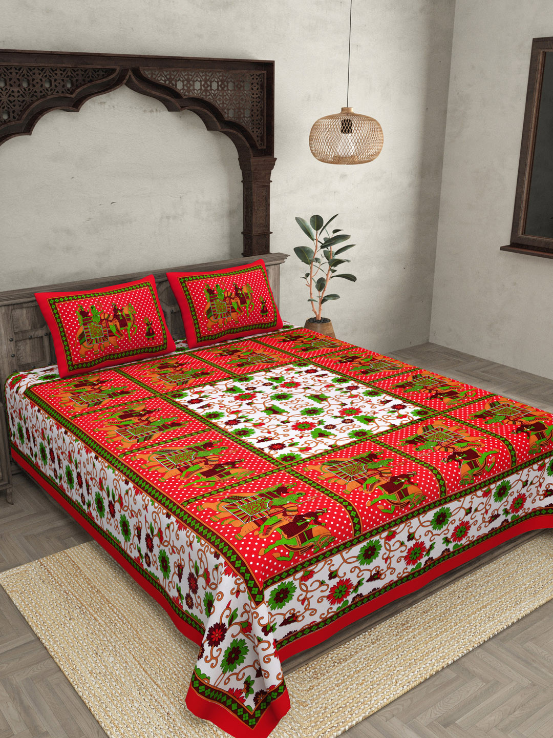 BED-SHEET.COM Maroon Ethnic Motifs Cotton Breathable 240 TC King Fine Bedsheet with 2 Pillow Covers-106 x 86 inches