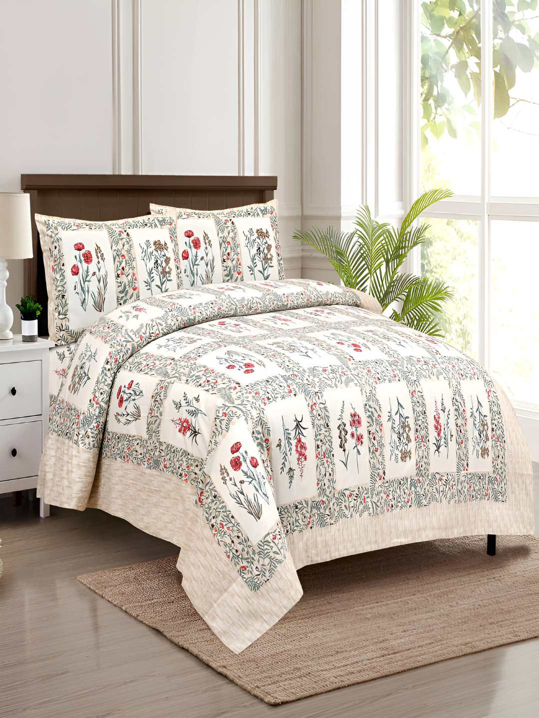 BED-SHEET.COM Pink Floral Cotton 140 TC King Bedsheet with 2 Pillow Covers-180 x 270 inches