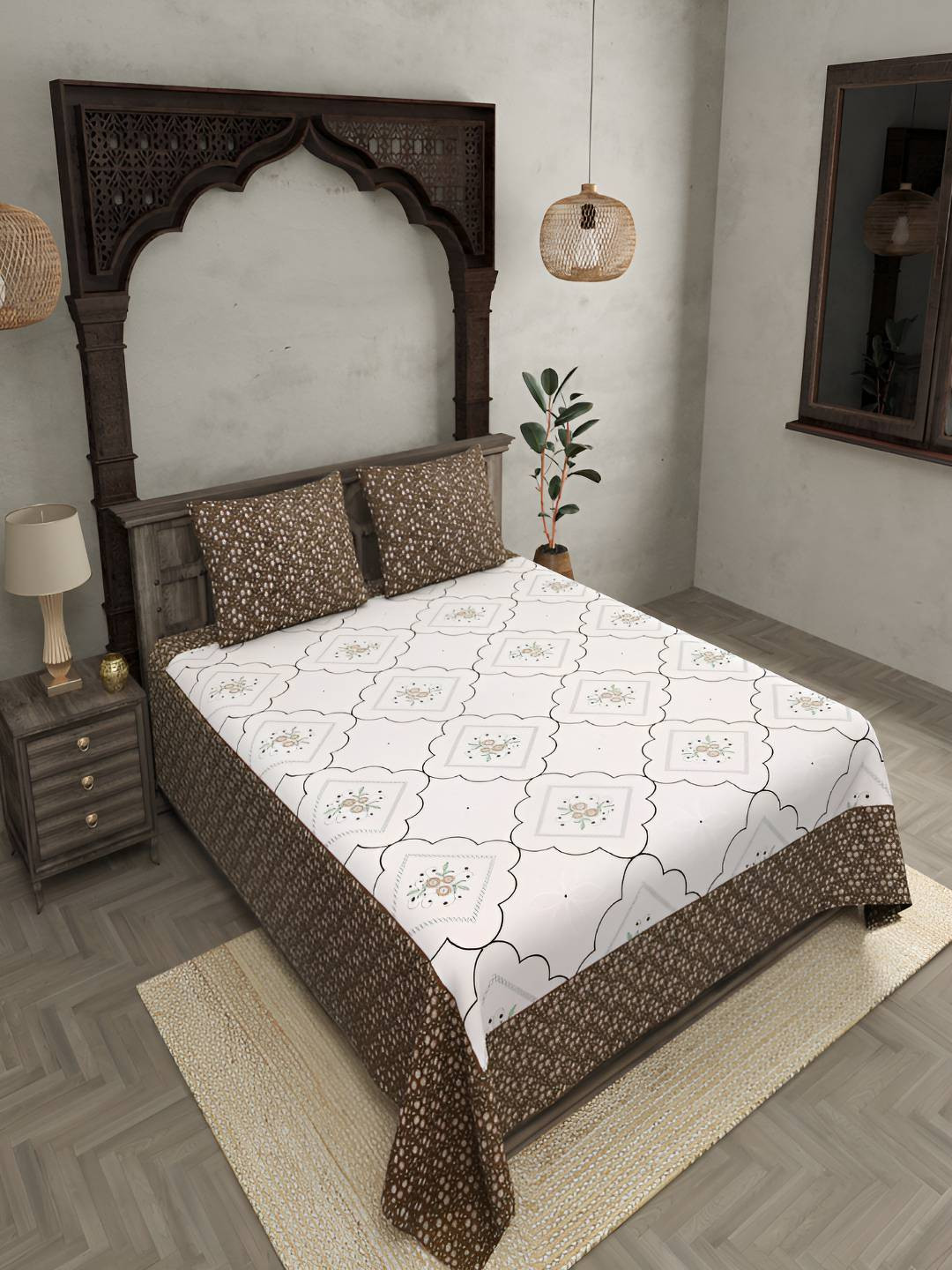 BED-SHEET.COM Brown & White Ethnic Motifs Cotton 140 TC King Bedsheet With 2 Pillow Covers