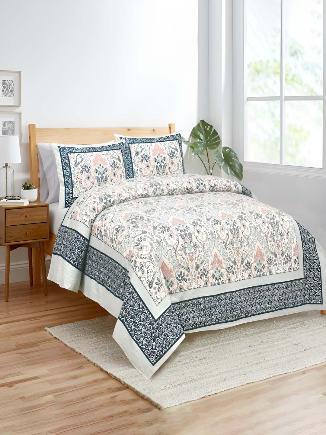 BED-SHEET.COM Blue Ethnic Motifs Cotton 140 TC King Fine Bedsheet with 2 Pillow Covers-106 x 86 inches