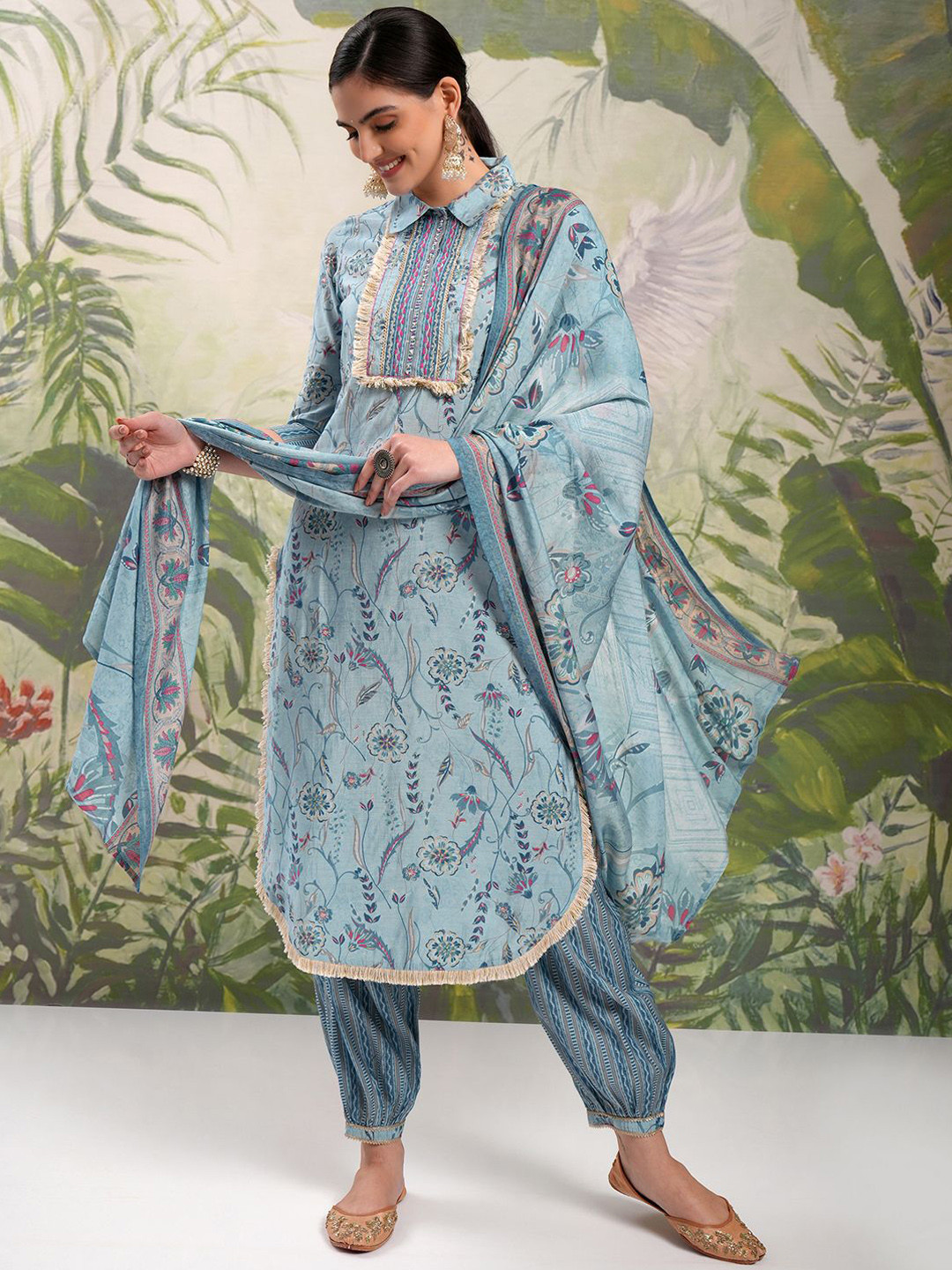 Vishudh Blue Floral Printed Shirt Collar Thread Work Straight Kurta With Salwar & Dupatta