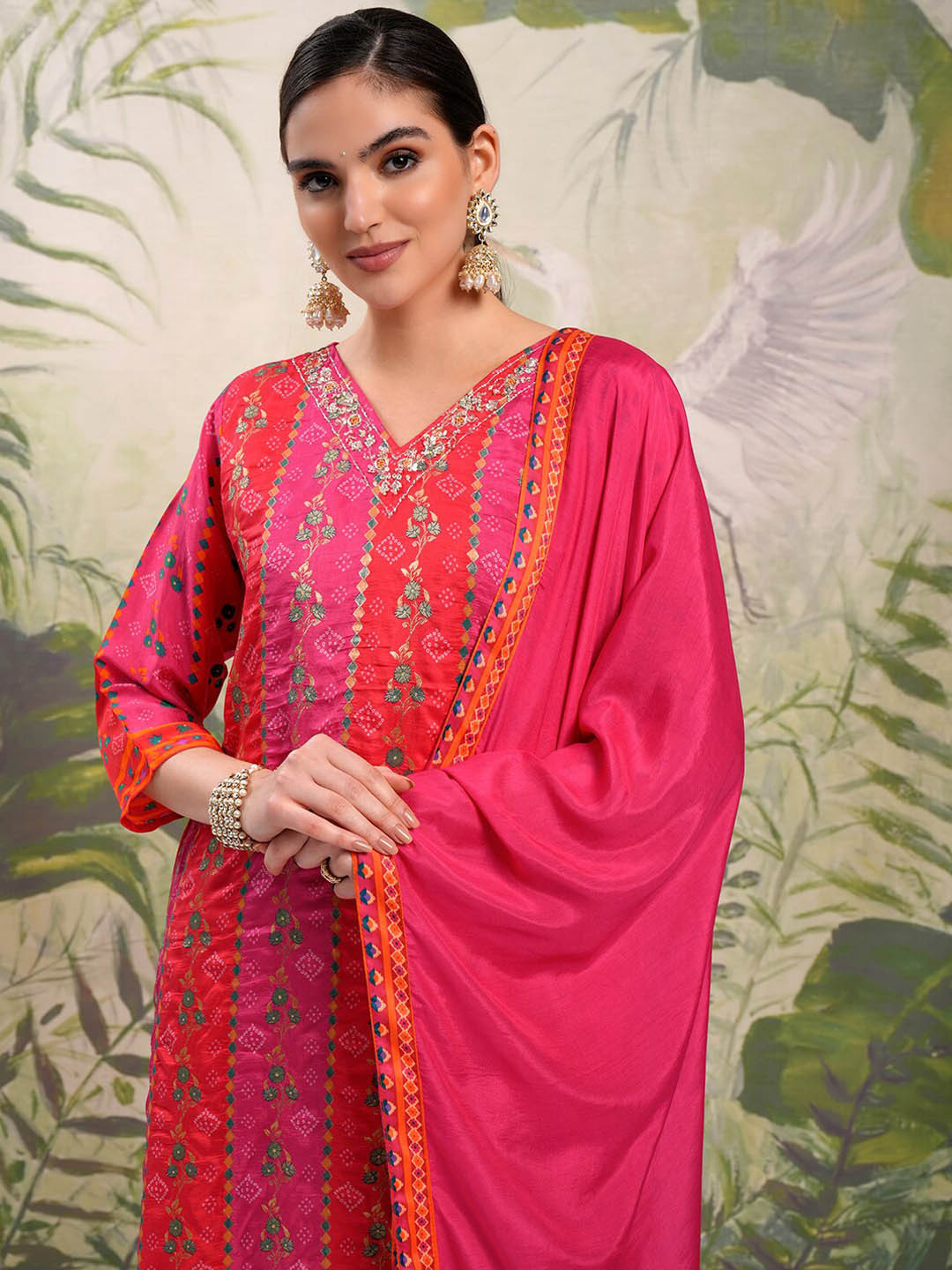 Vishudh Red Ethnic Motifs Printed Regular Thread Work Kurta with Trousers & With Dupatta