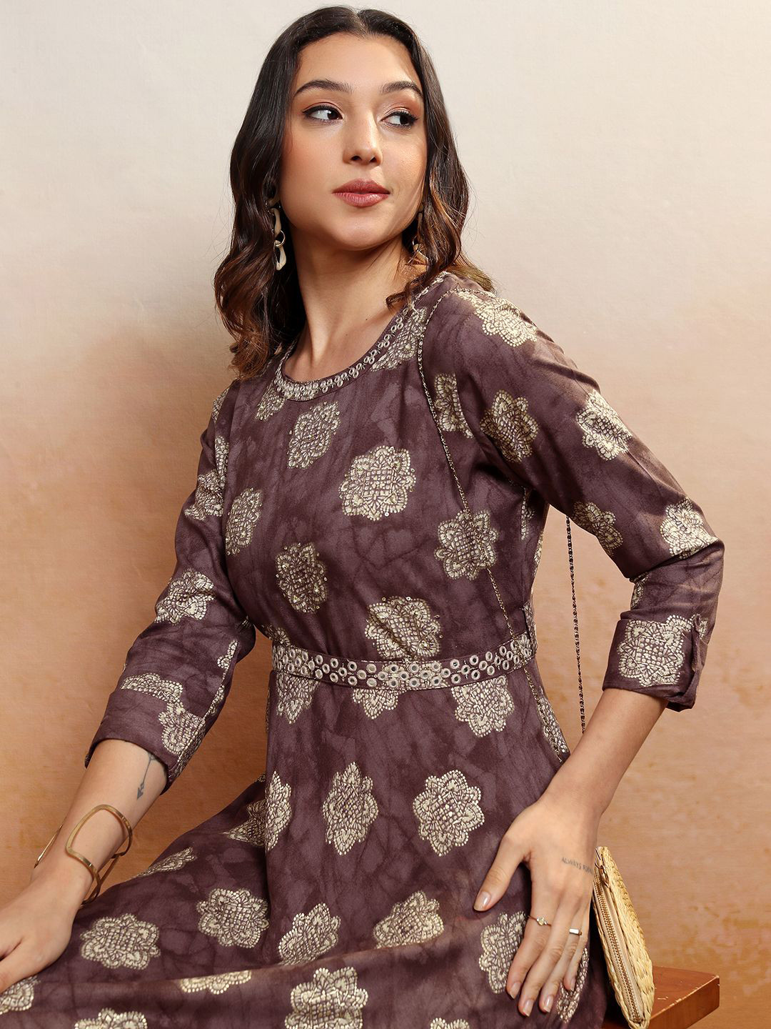 Vishudh WINE Ethnic Motifs Round Neck Roll-Up Sleeves Fit & Flare Midi Dress With Blet