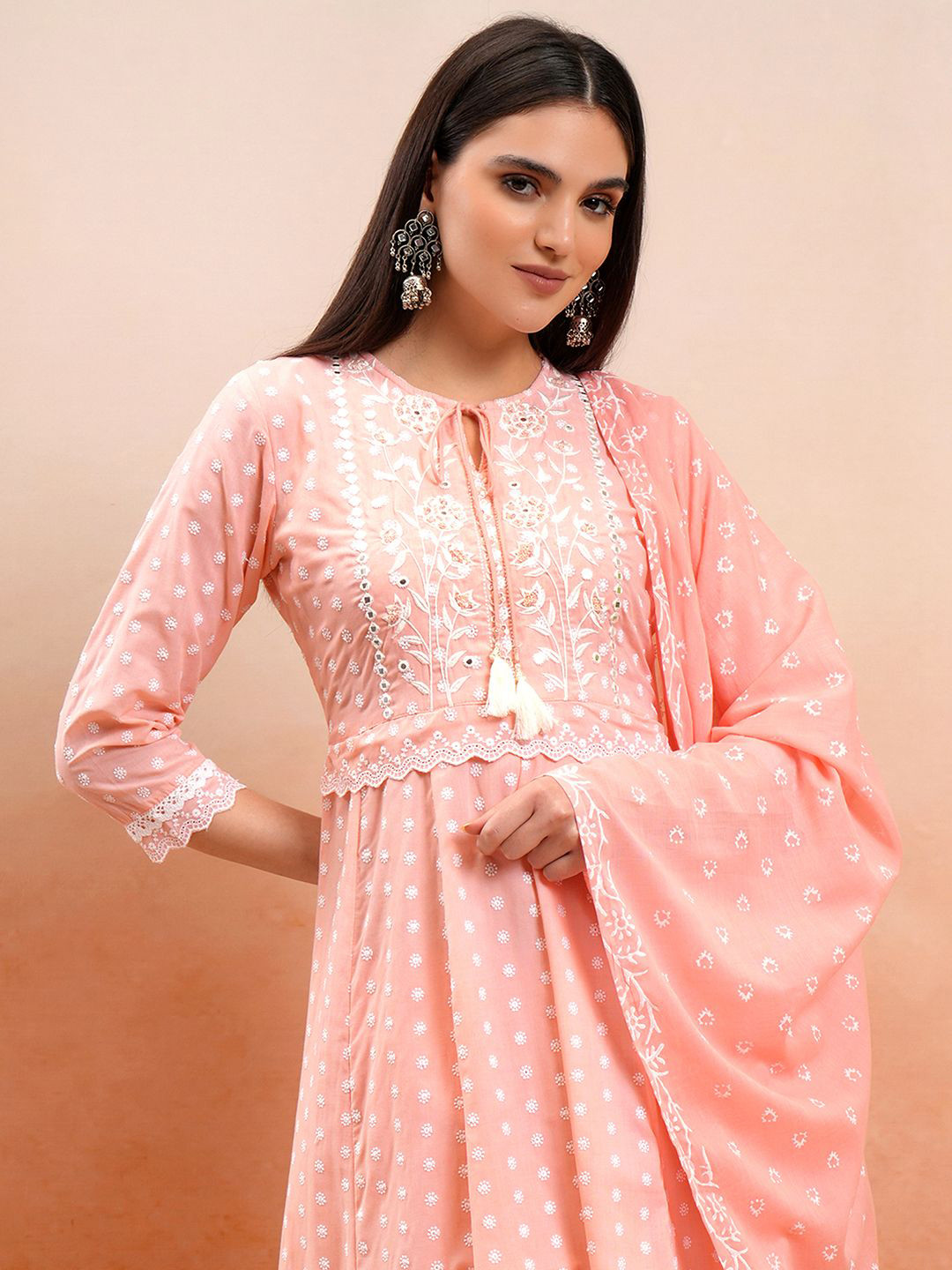 Vishudh Peach Embroidered Mirror Work Pure Cotton Anarkali Kurta With Trousers & Dupatta
