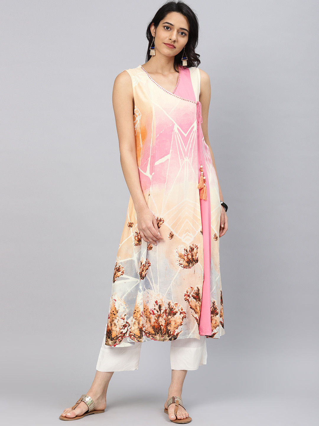 Shree Women Peach-Coloured & Pink Angrakha Printed A-Line Kurta