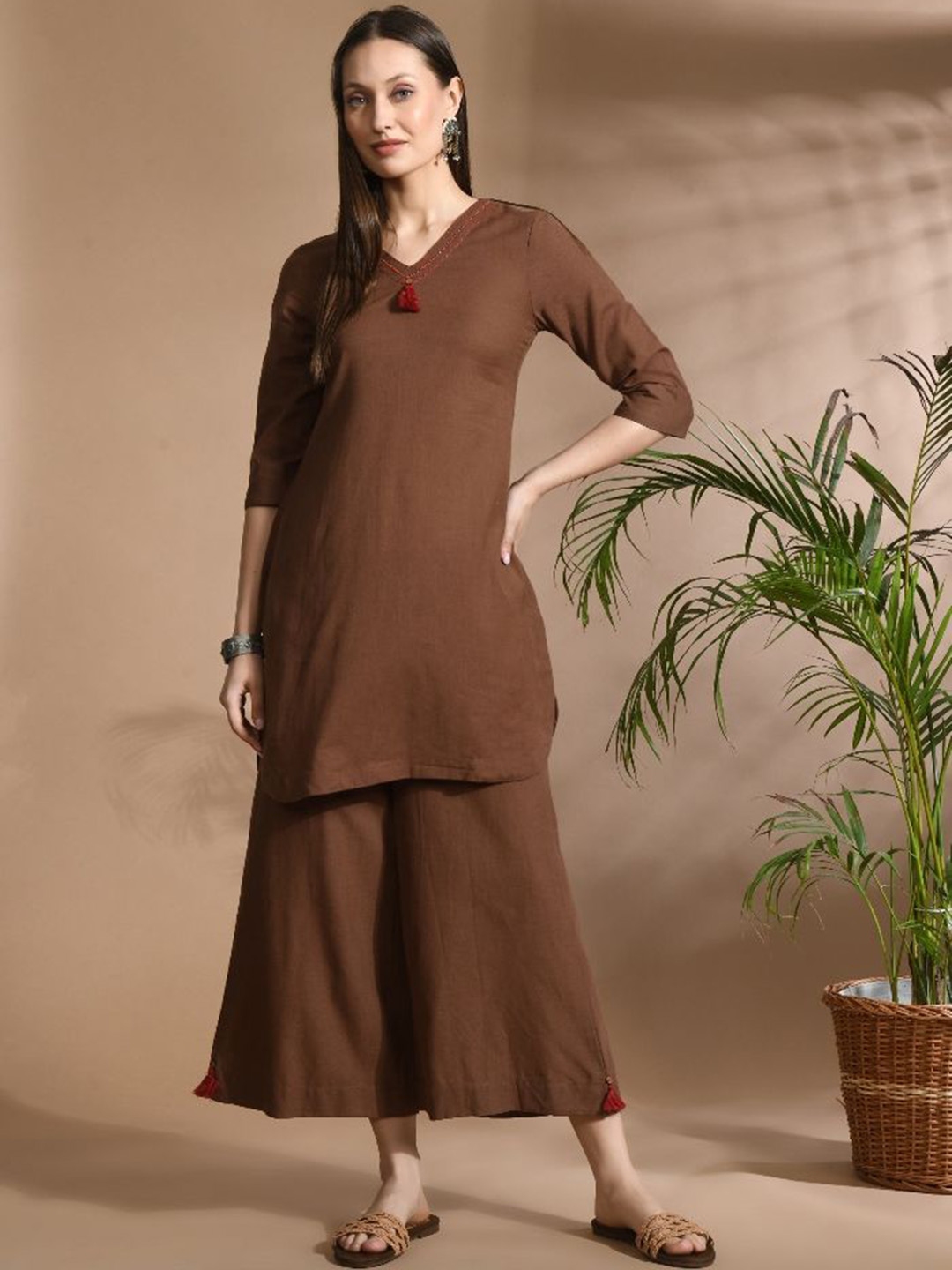 Buy aayusika V Neck Three Quarter Sleeves Tunic Palazzos Cotton Flax Co Ords Co Ords for Women 29756876 Myntra
