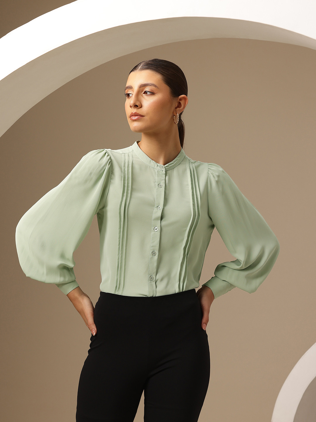 Chemistry Pin Tucks Band Collar Shirt