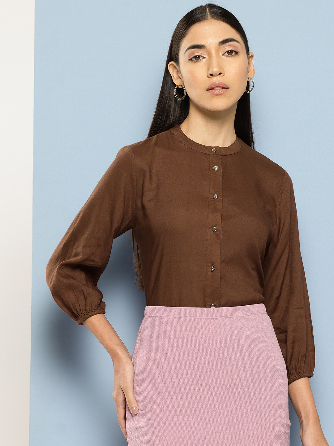 Chemistry Band Collar Puff Sleeve Shirt