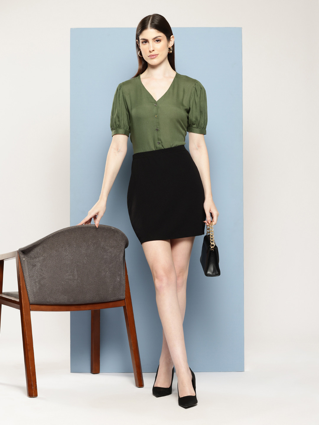 Chemistry V-Neck Puff Sleeve Button-Down Top