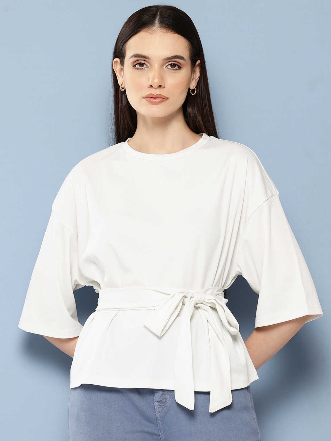 Chemistry Tie-Up Belt Drop-Shoulder Sleeves Top