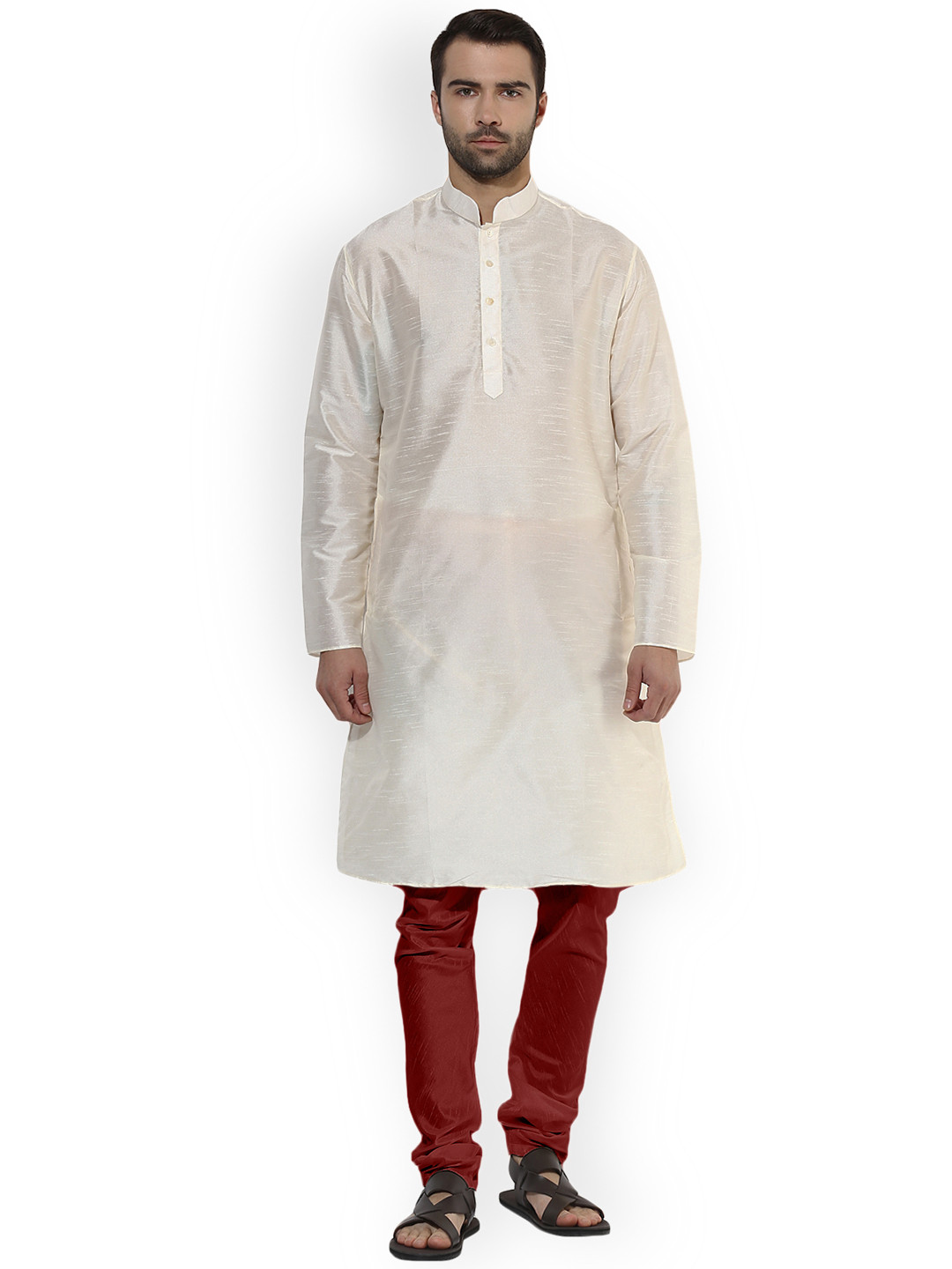 KISAH Men Off-White & Maroon Self Design Kurta with Churidar
