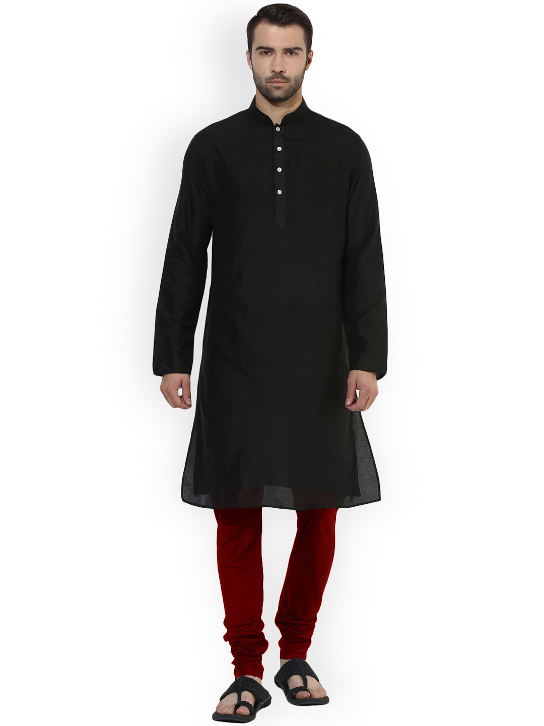 KISAH Men Black & Maroon Solid Kurta with Churidar