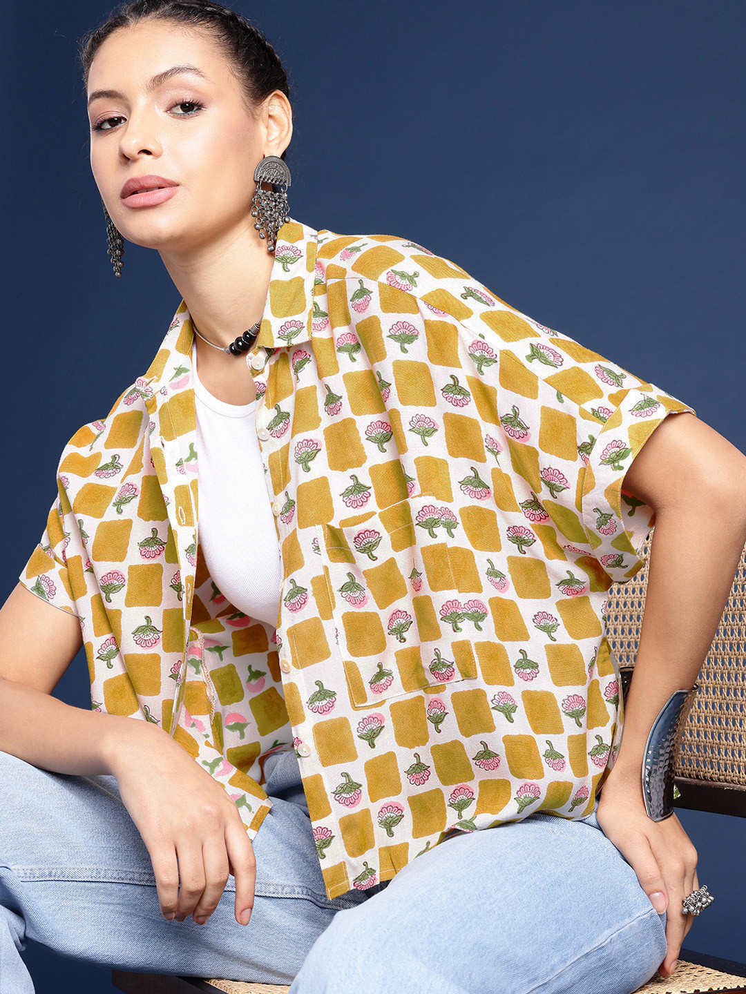 Taavi Boxy Floral Printed Sanganeri Folk Shirt