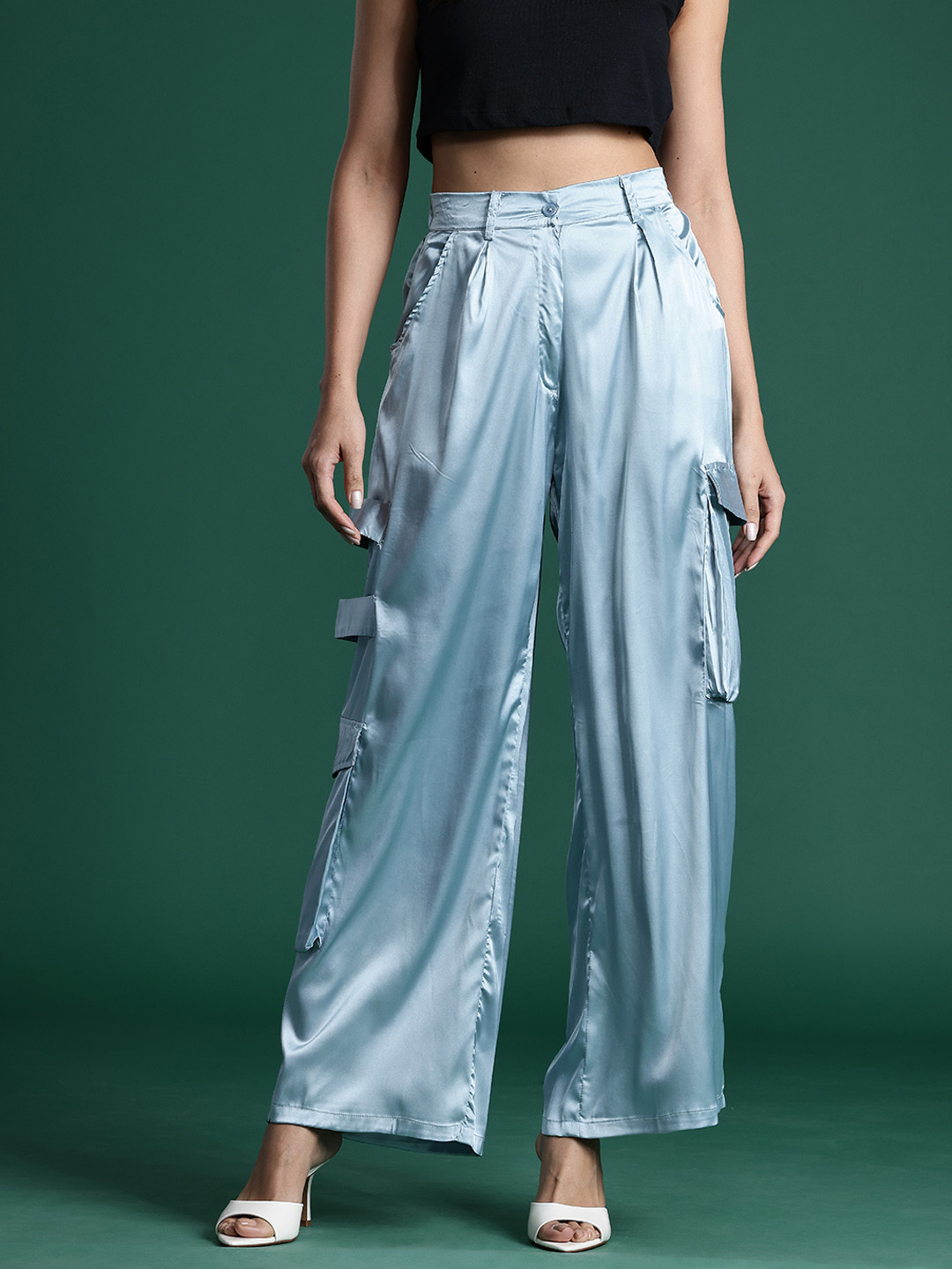 DressBerry Glam Women Satin Cargo Style Wide Leg Trousers