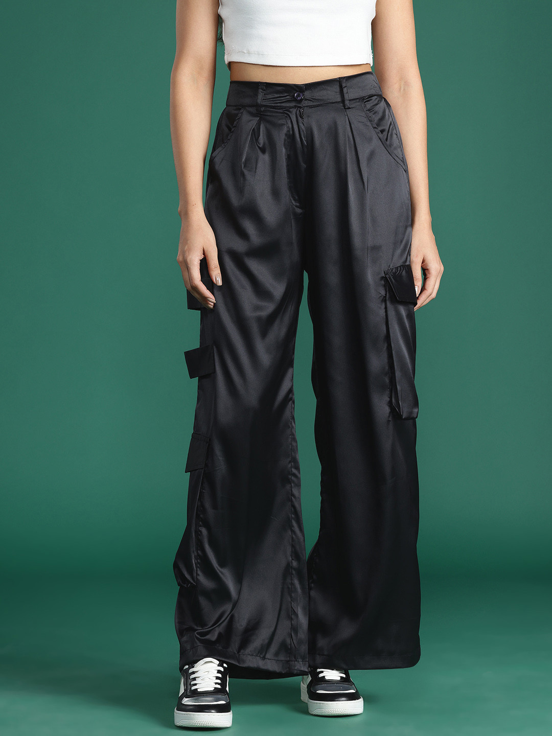 DressBerry Women Satin Finish Cargo Style Pleated Wide Leg Trousers