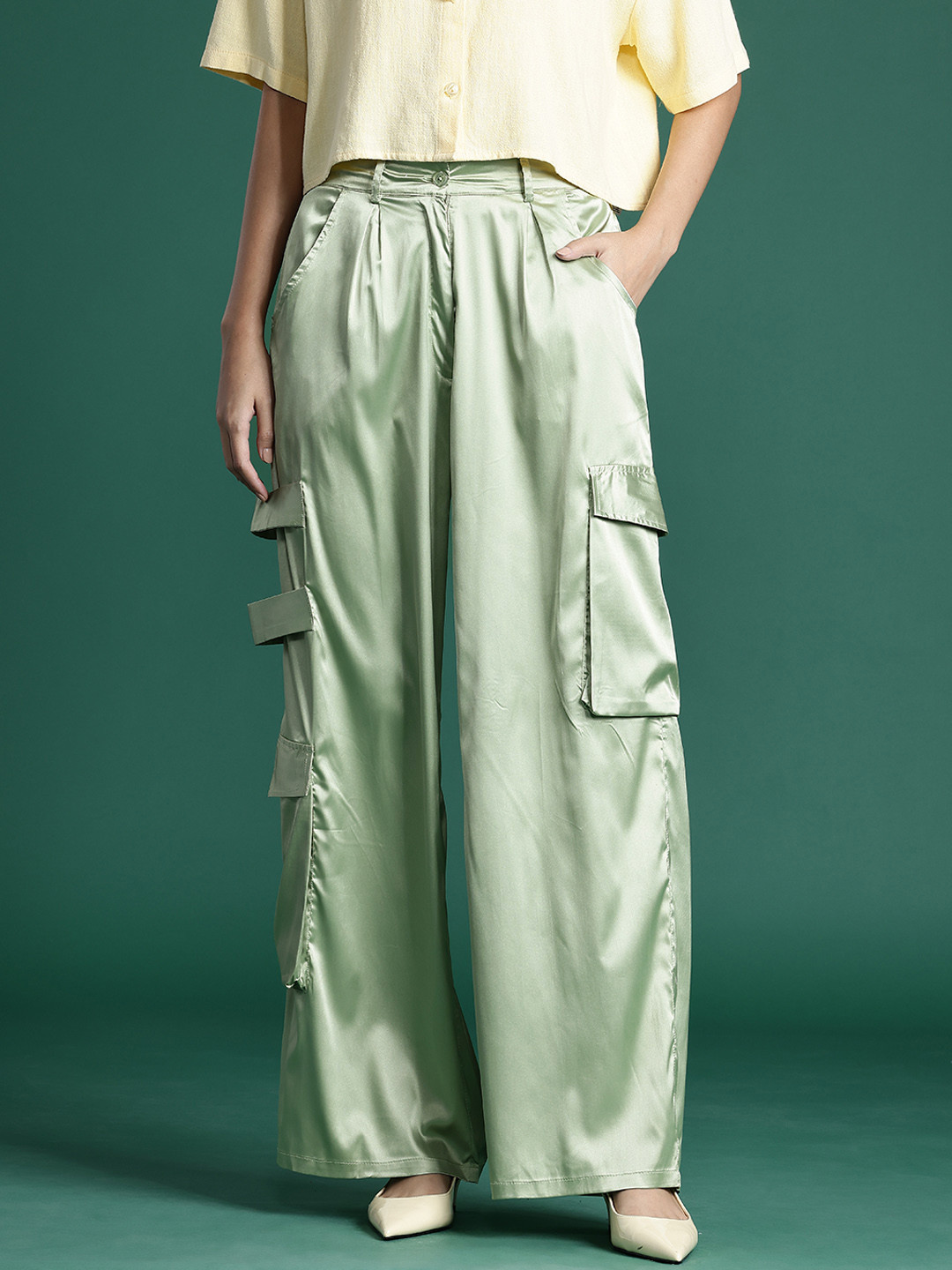 DressBerry Glam Women Satin Cargo Style Trousers