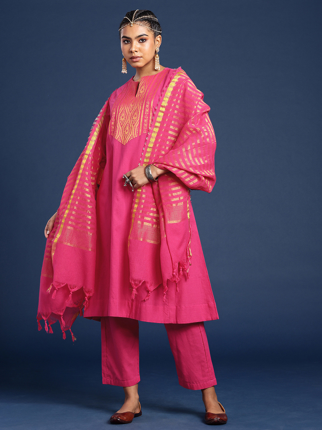 Taavi Pure Cotton Yoke Design Woven Legacy Kurta With Trousers & Dupatta