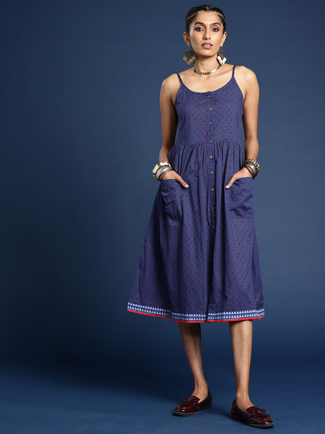 Taavi Self Designed Shoulder Straps Pure Cotton A-Line Block Print Legacy Ethnic Dress