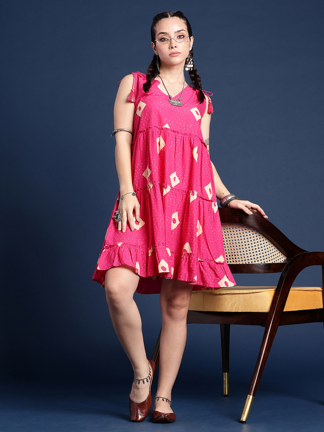 Taavi Pure Cotton V-Neck Tie-Up Gathers Sleeveless A-Line Bindu Ethnic Dress