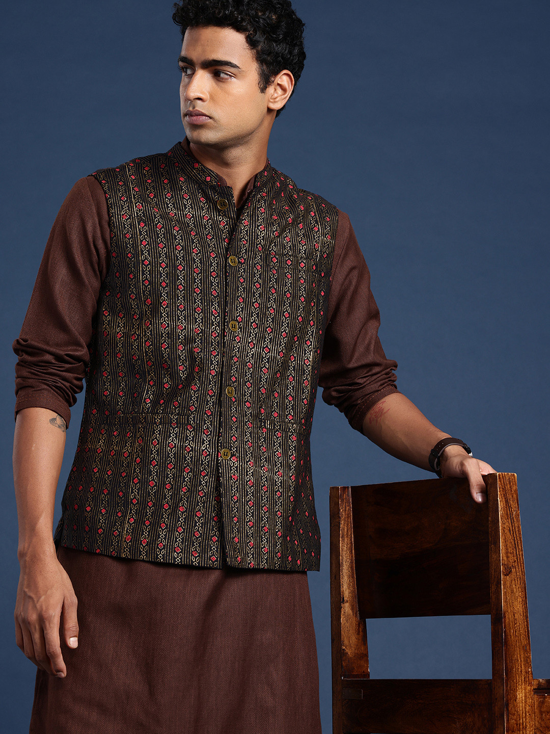 Taavi Ethnic Motifs Printed Mandarin Collar Gold Khari Nehru Jackets