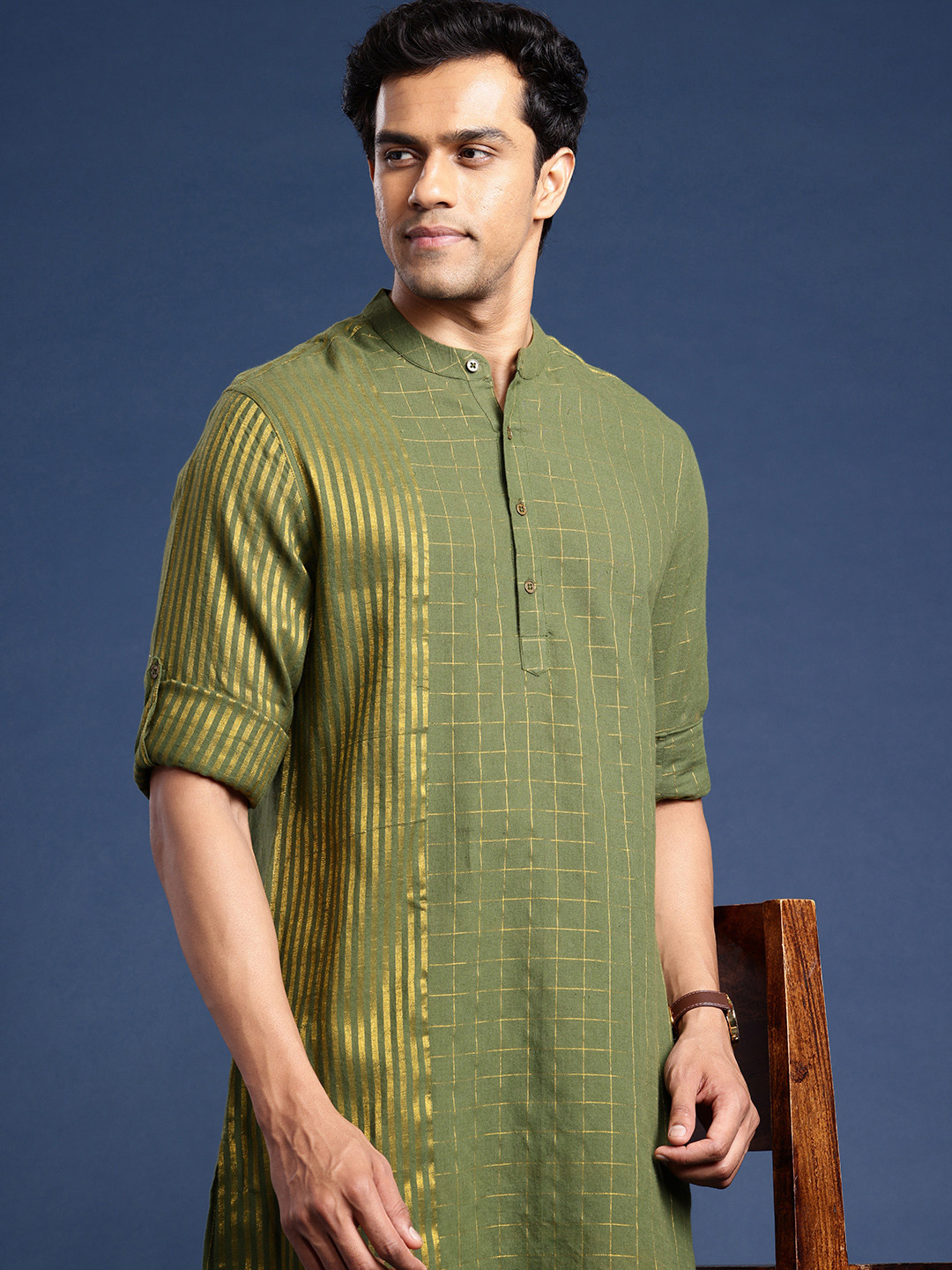 Taavi Checked Band Collar Roll-Up Sleeves Woven Legacy Kurta