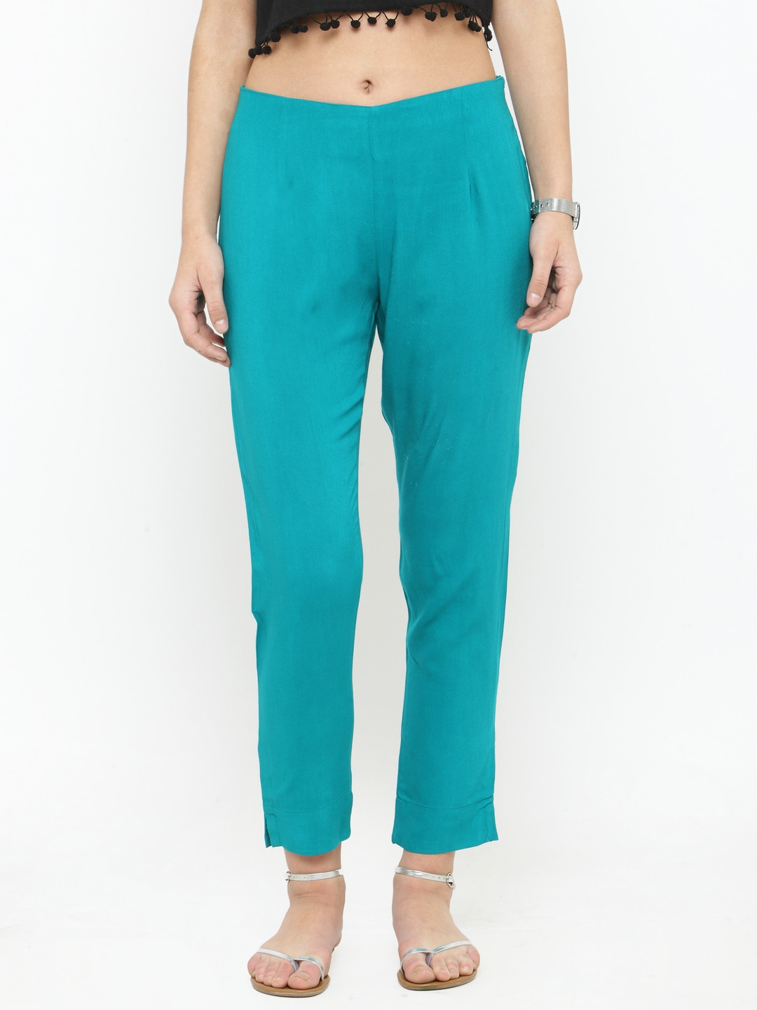 Varanga Women Teal Straight Fit Solid Regular Trousers