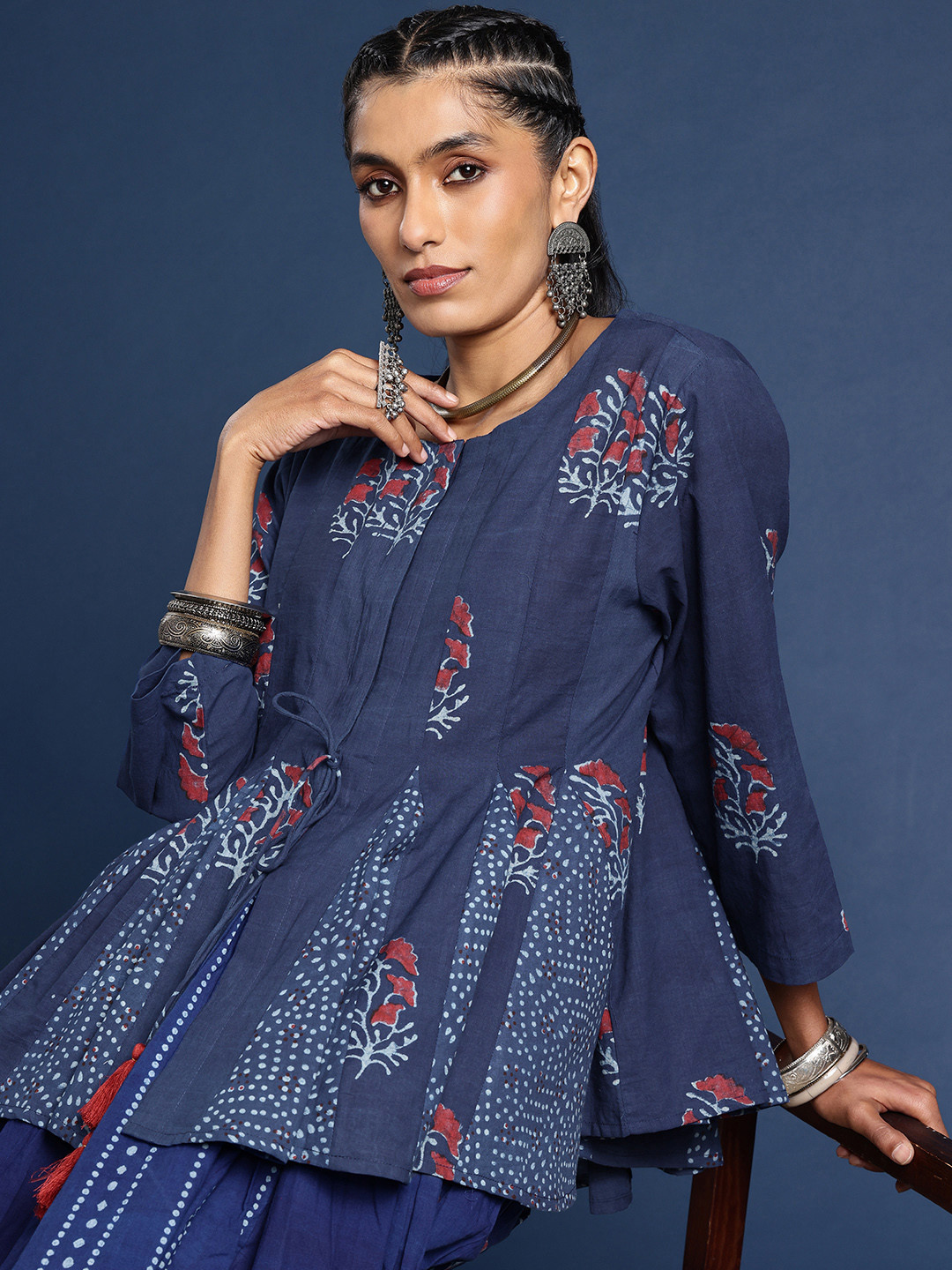 Taavi Block Print Legacy Floral Printed Flared Hem Ethnic Tie-Up Shrug