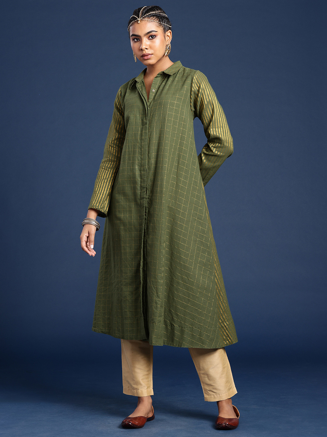 Taavi Woven Legacy Checked Shirt Collar A-Line Kurta