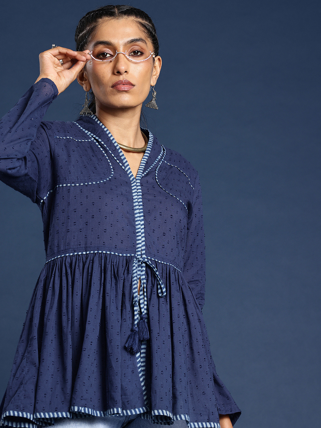 Taavi Block Print Legacy Pure Cotton Longline Gathered A-Line Dobby Top