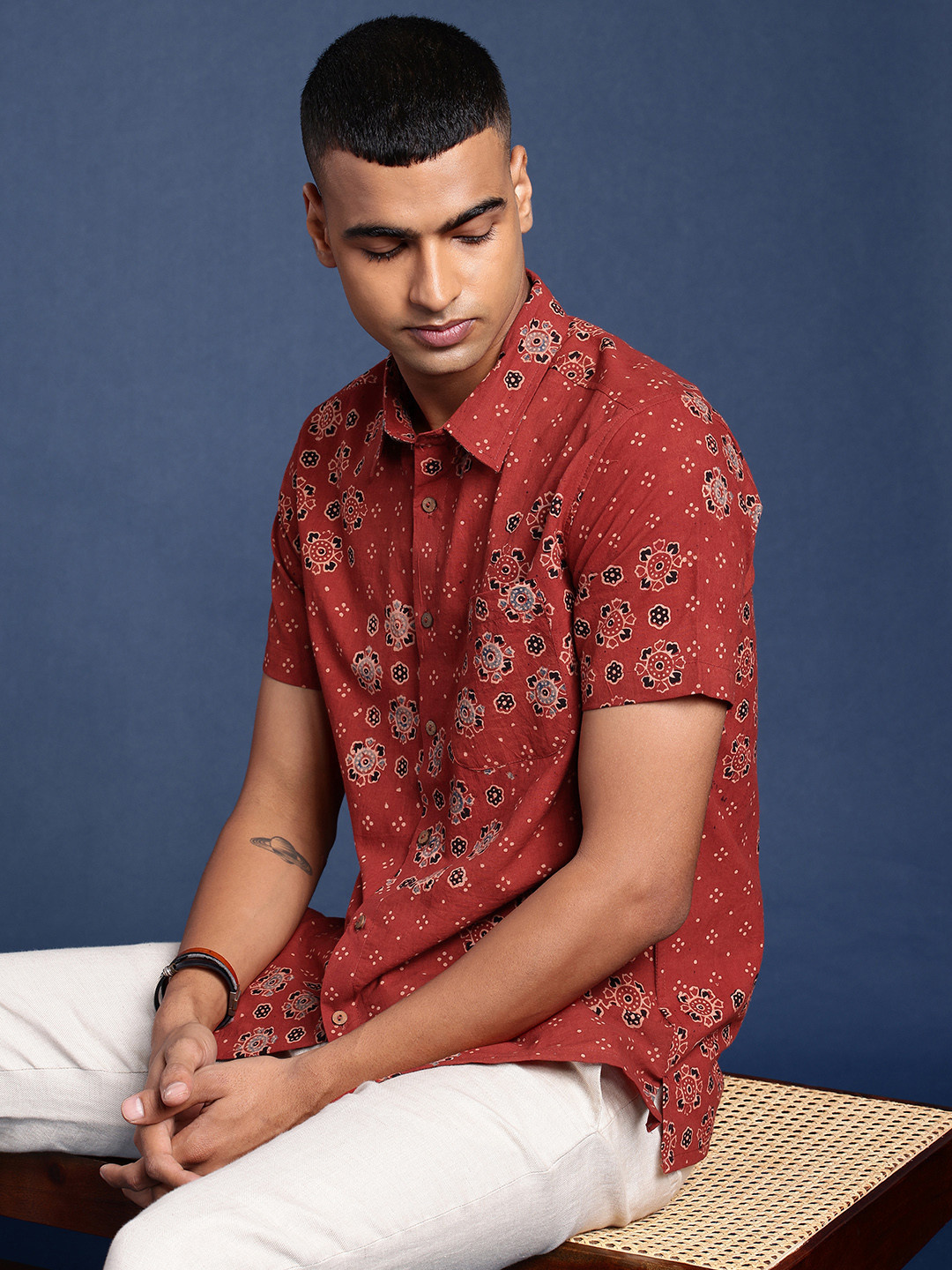 Taavi Ajrakh Floral Printed Pure Cotton Shirt