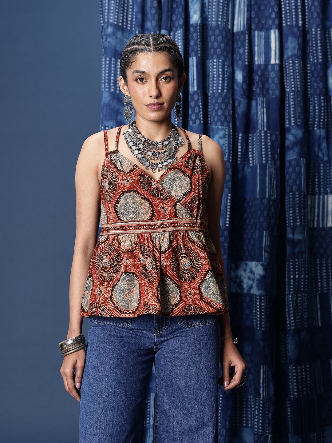 Taavi Ethnic Printed Shoulder Straps Ajrakh Top - Kurtis for Women 29760312 | Myntra