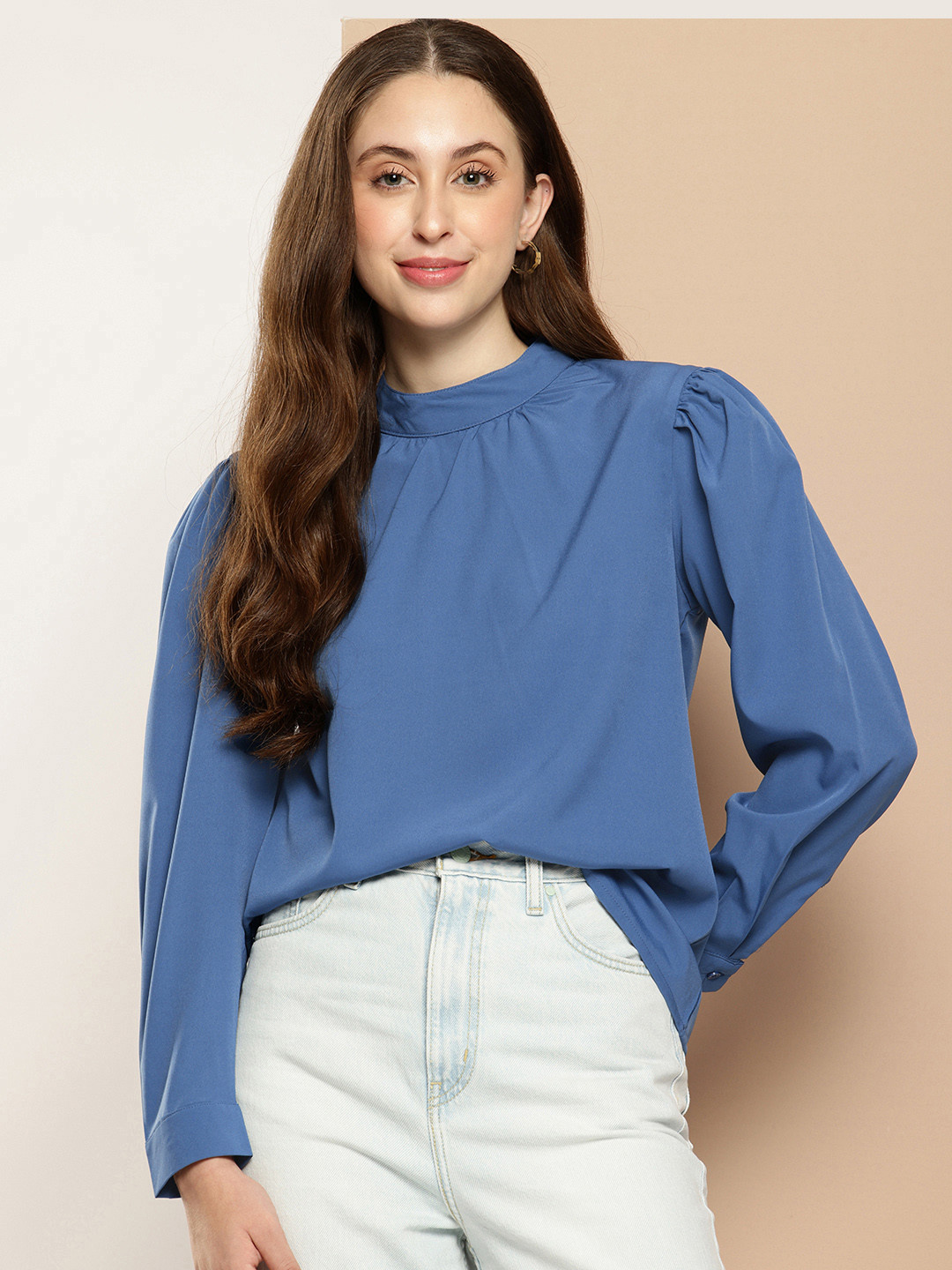 encore by INVICTUS High Neck Cuffed Sleeves Top