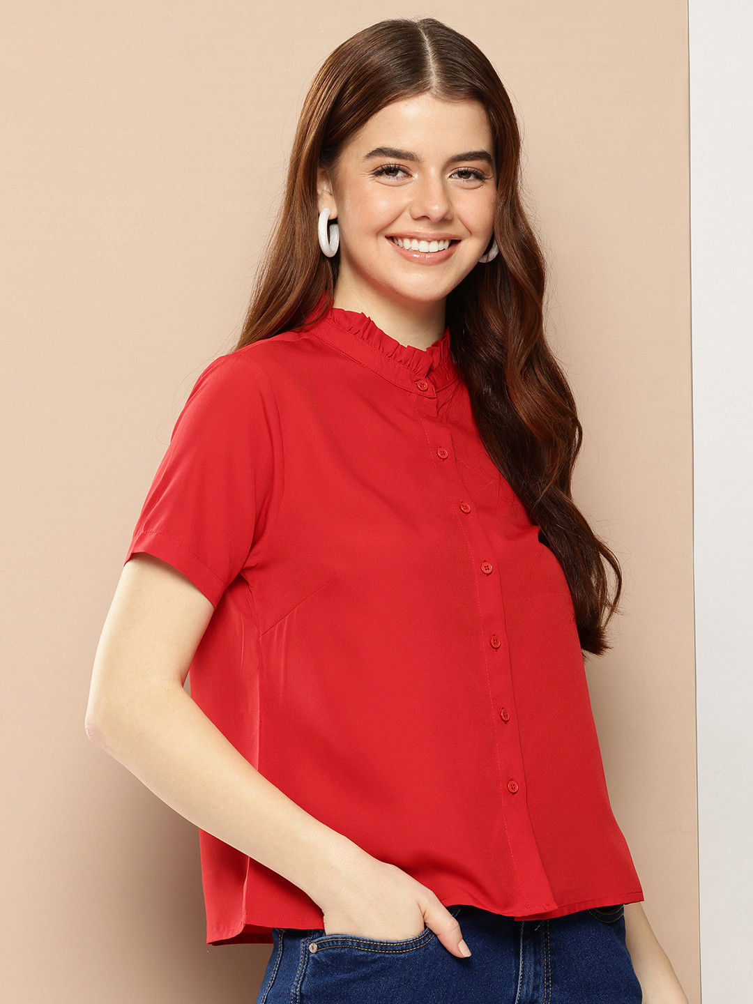 encore by INVICTUS Band Collar With Ruffle Detailed Casual Shirt