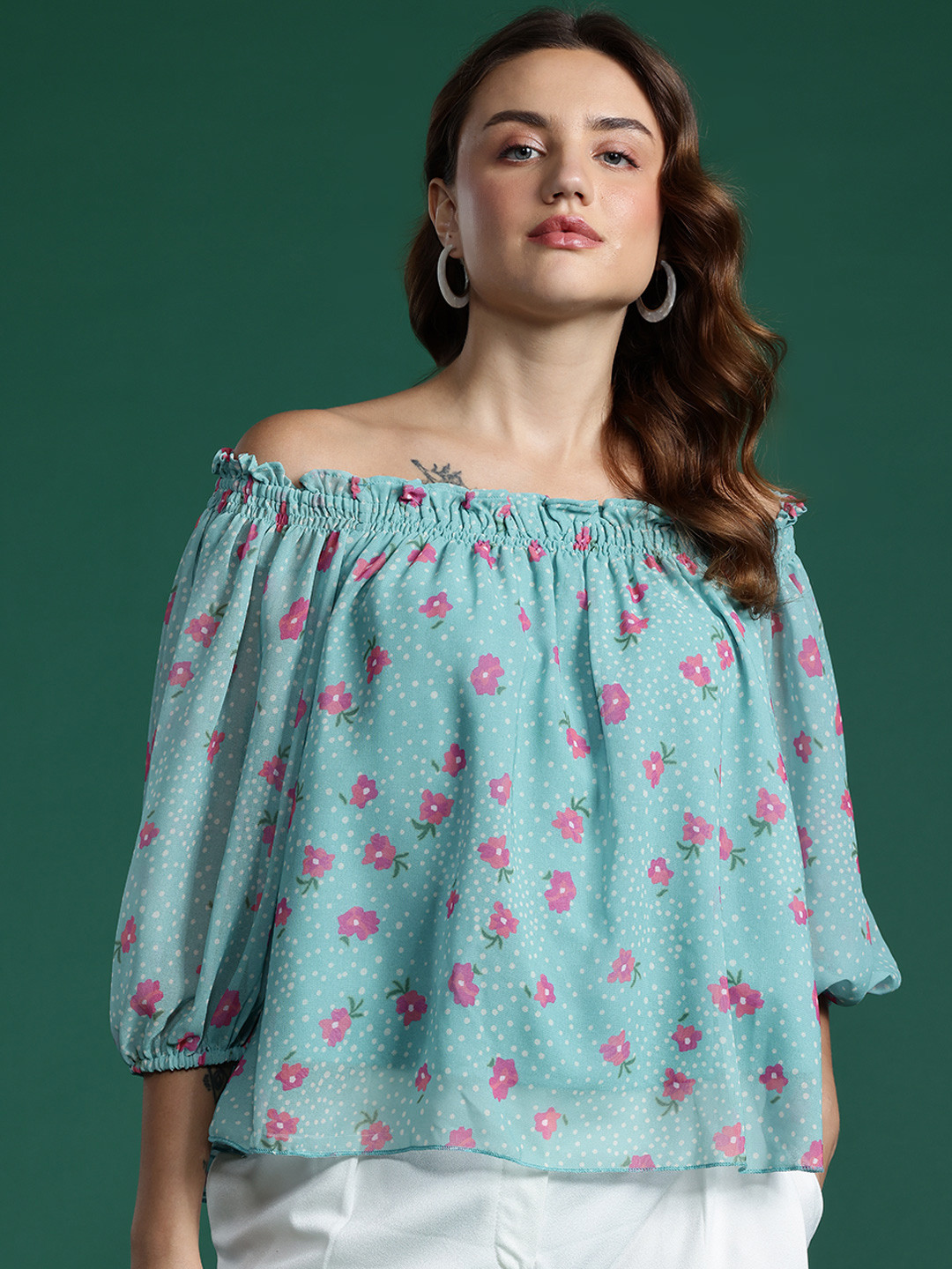 DressBerry Floral Print Off-Shoulder Puff Sleeve Bardot Top