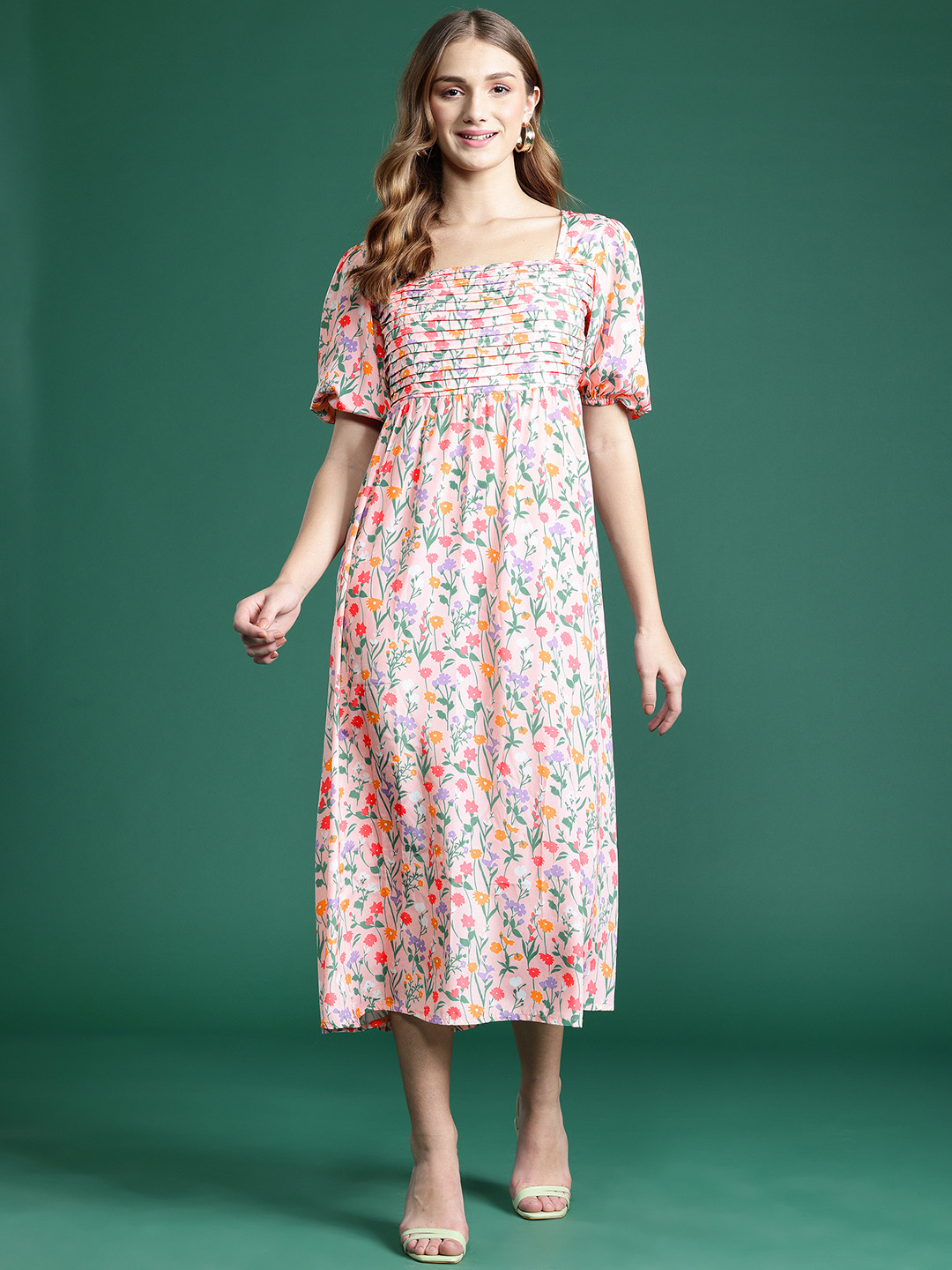 DressBerry Floral Print Pintucks & Smocked Back A-Line Midi Dress