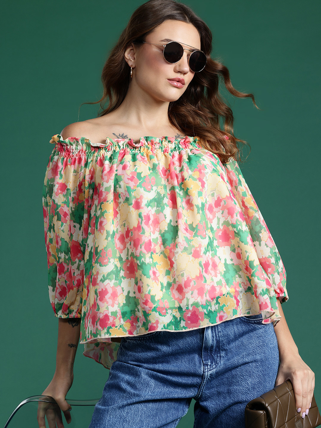 DressBerry Floral Print Off-Shoulder Puff Sleeve Bardot Top