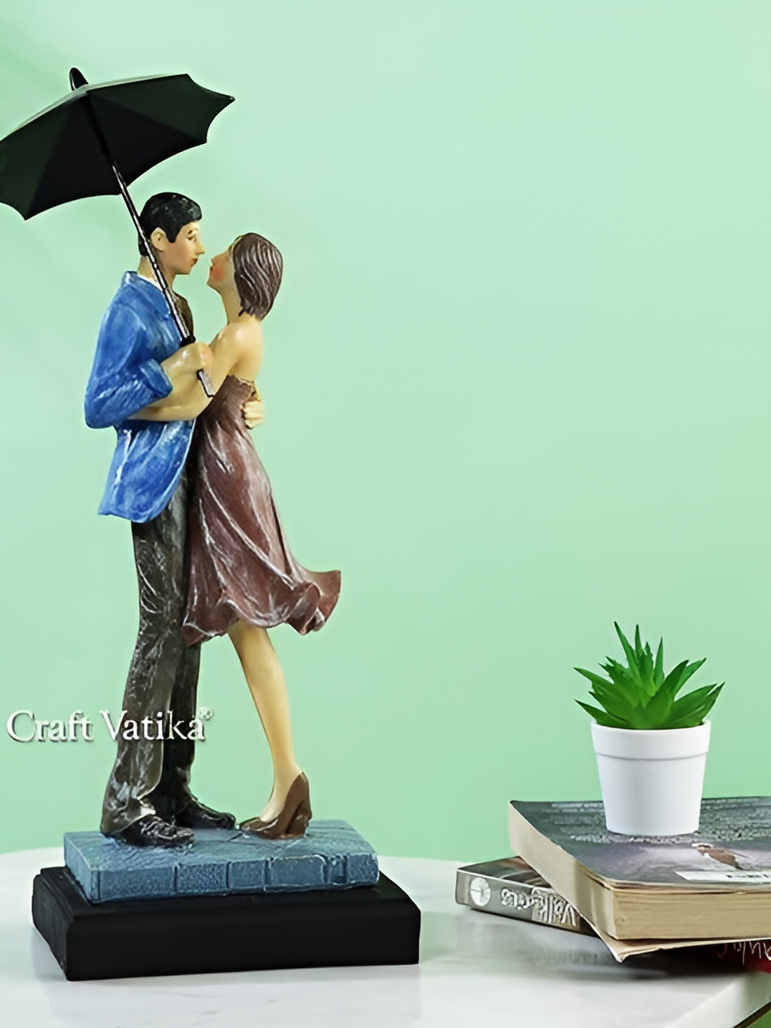 Aura Love Couple Under Umbrella Blue Polyresin Natural Prayer Room Medium Showpiece - 13 Inches