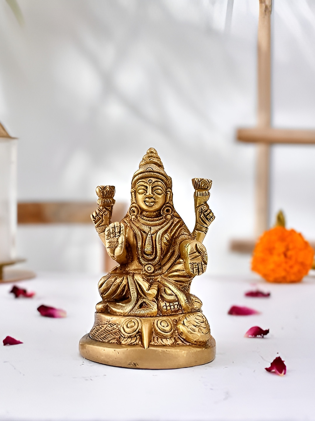 Aura Maa Lakshmi Devi Sitting Gold Brass Metallic Prayer Room Medium Showpiece - 2.1 Inches